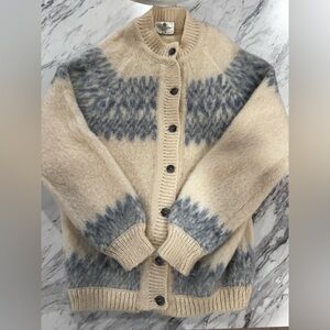 Vintage 100% wool fair isle cream and blue cardigan made in Ireland